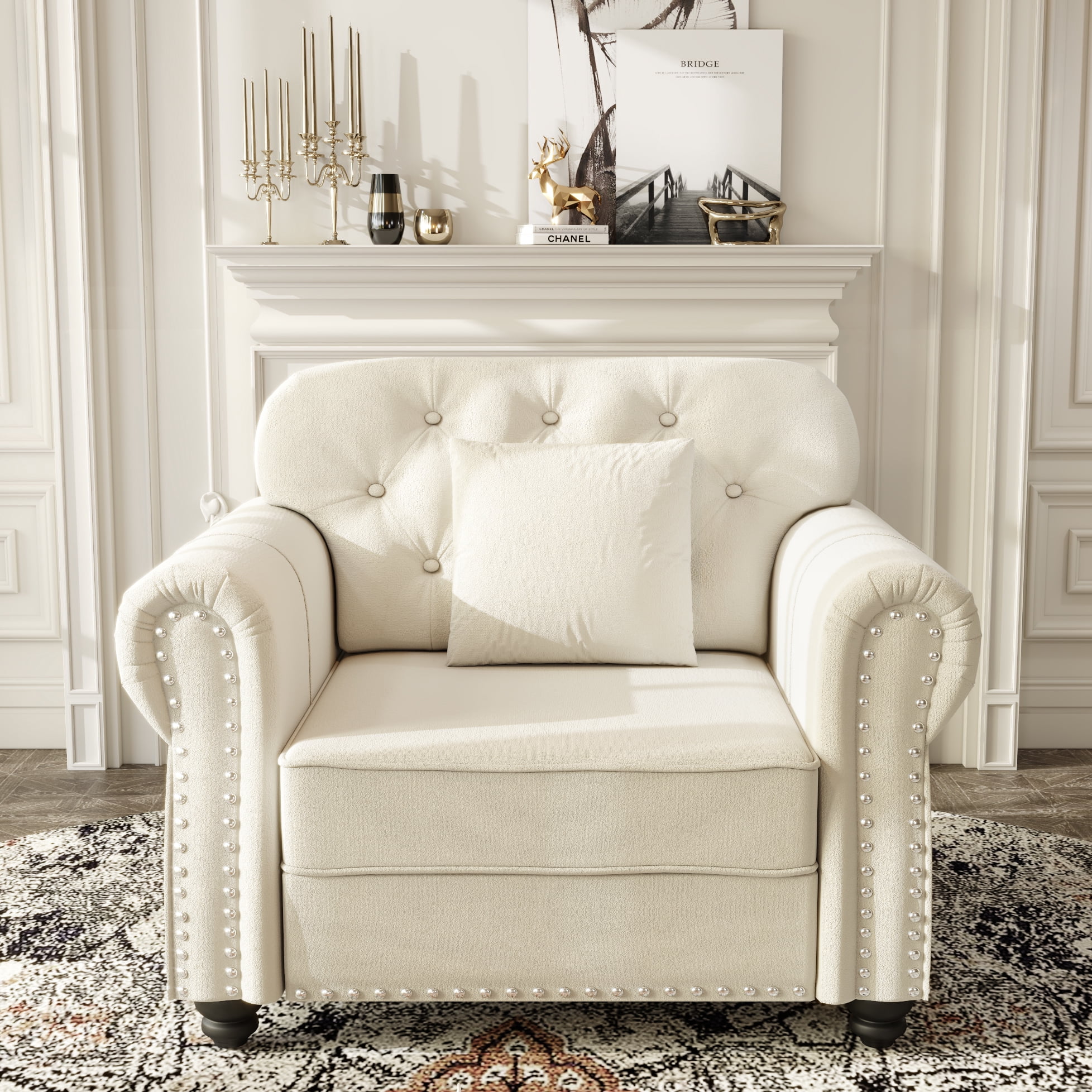 1PCS Upholstered Velvet Single Accent Sofa Chair with Nailhead Trim & Rolled Armrests, Mid-Century Modern Chesterfield Sofa with Pillow