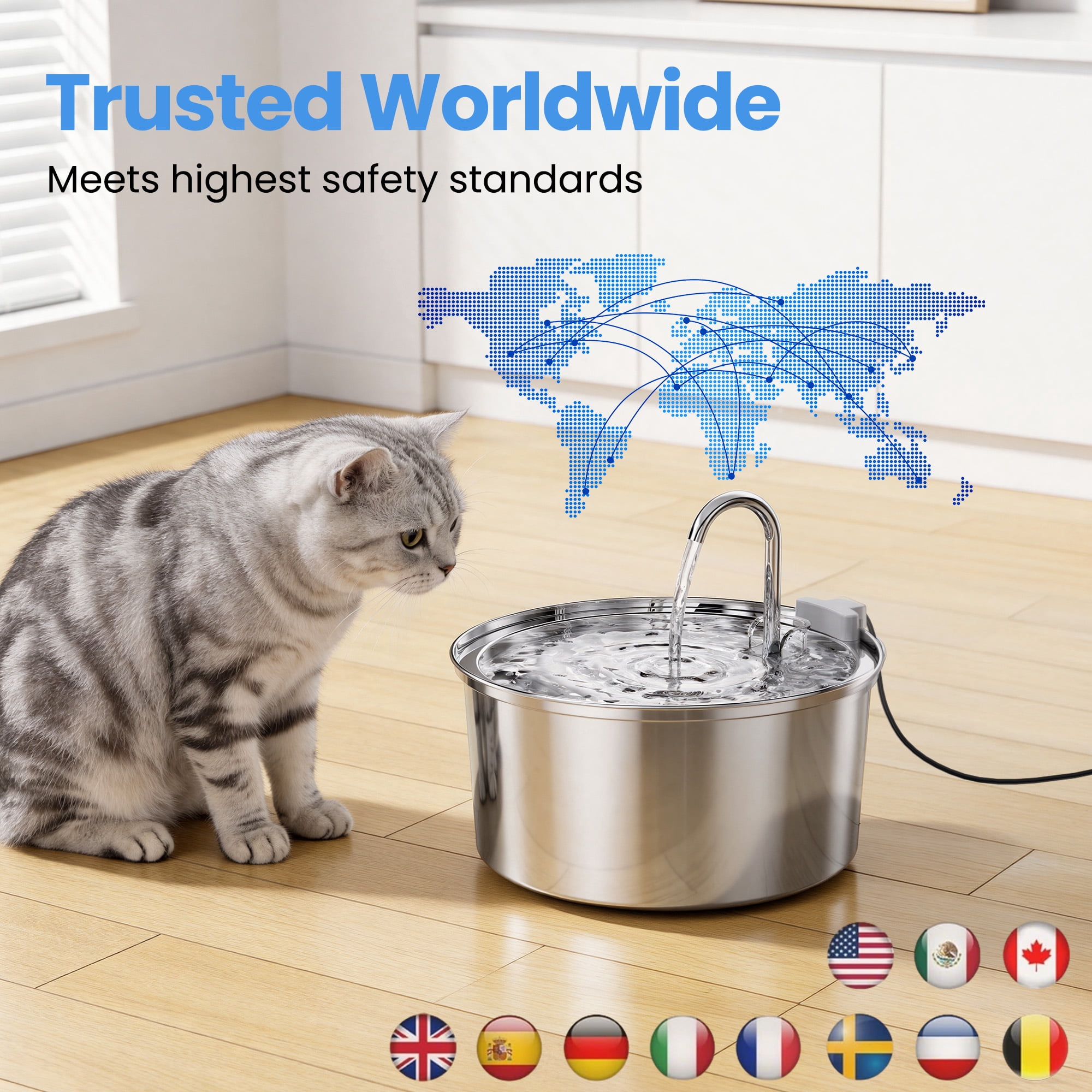FWMB 108oz/3.2L Stainless Steel Cat Water Fountain with 3 Filters, Dishwasher Safe Automatic Pet Fountain for Dogs & Cats, Ultra-Quiet Pet Water Fountain for Multi-Pet Homes, Cat Fountains Indoor