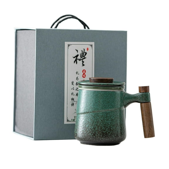 Fiocias 1 Piece Tea Cup with Lid, 390ml Retro Glazed Ceramic with Infuser, Wooden Handle Green Gift Box
