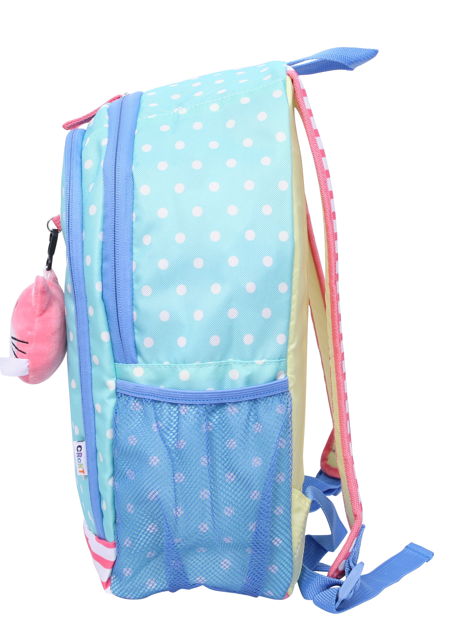 Crckt Kids Girls 15-inch School Backpack with Plush Dangle Accessory, Blue Dot Print
