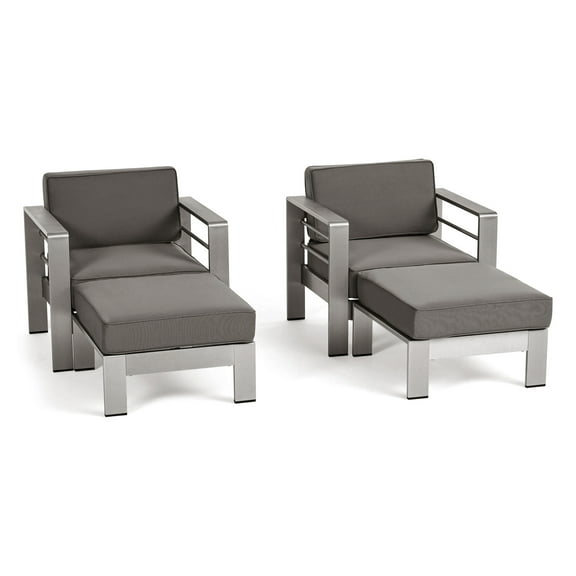 GDF Studio Crested Bay Outdoor Aluminum 4 Piece Club Chair and Ottoman Set with Cushions, Silver and Gray