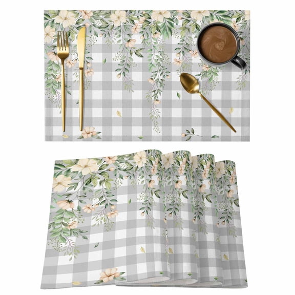 Watercolor Floral Placemats Set of 4, Spring Flowers Leaves Plants Gray Plaid Placemats for Dining Table, Place Mats for Kitchen Tabletop, Waterproof Wipeable Dining Table Mats Set