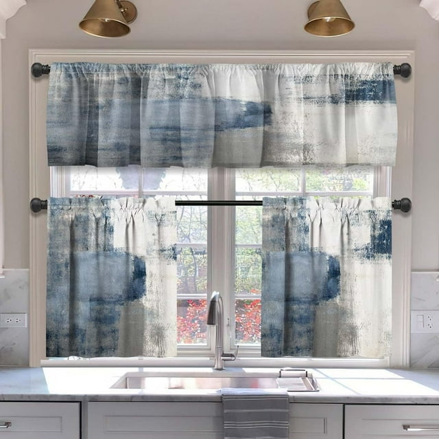 Blue Blackout Kitchen Curtains Tiers and Valances Set 3 Piece for Windows White and Grey Kitchen Window Curtains Set,Modern Abstract Art Valances for Living Room(36" Tiers Set)