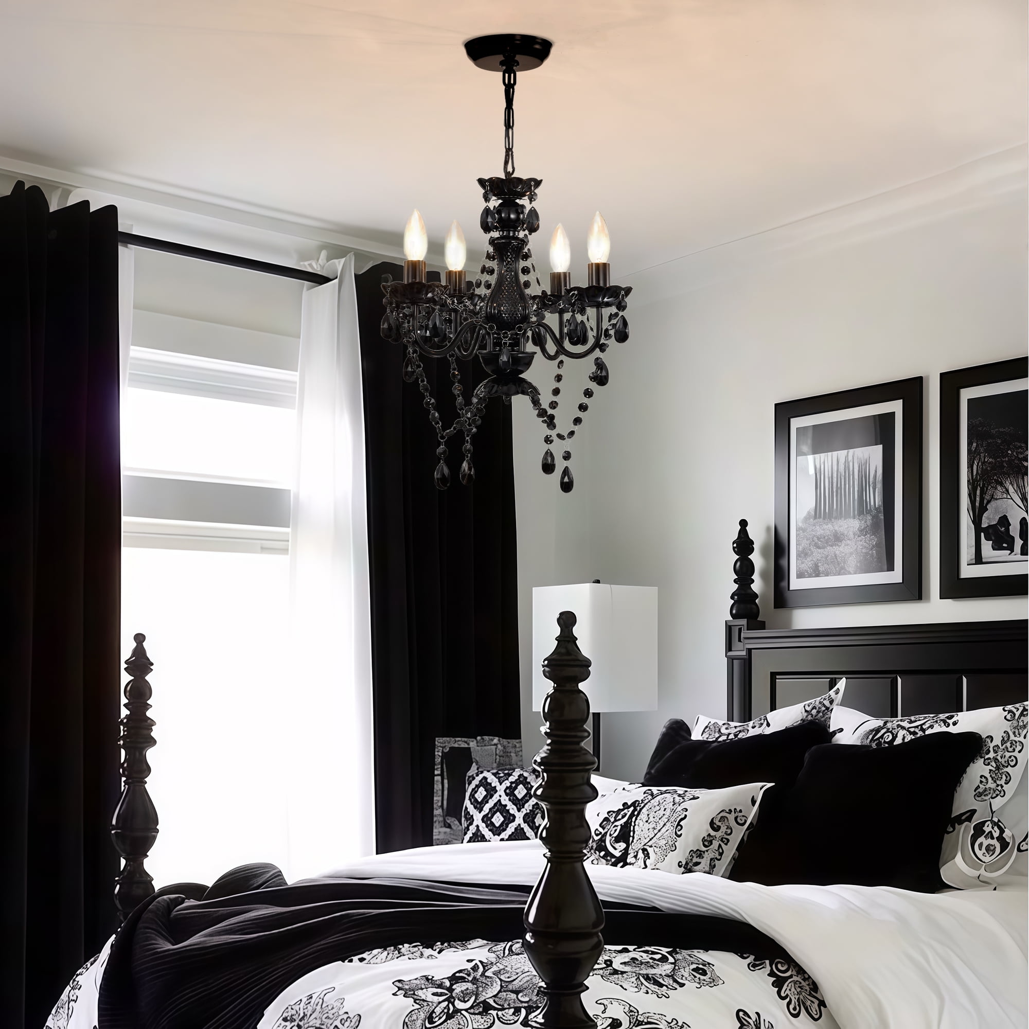 Small Crystal Chandelier Ceiling Lights Black 4-Light Fixture For Bedroom Dining Room