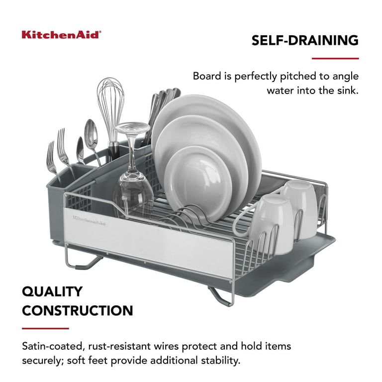 KitchenAid Compact, Space Saving Rust Resistant Dish Rack, with Angled Self  Draining Drain Board and Removable Flatware Caddy, 16.06-Inch, Gray