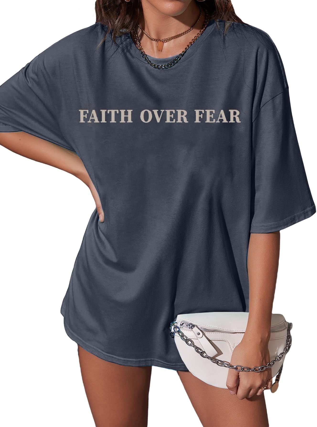 MOUSYA Women's Faith Over Fear Oversized T-Shirt, Blue photo 3