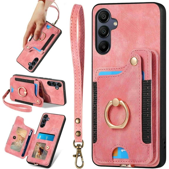 A15 5G Case,Card Holder Wallet for Galaxy A15 5G Phone Case,A15 Case Ring Stand,RFID-Blocking,Wrist Strap,Leather Protective Magnetic Flip Cases Cover for Samsung Galaxy A15 (2024) (Pink)