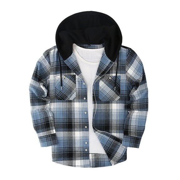 Mens Shirts Men's Flannel Plaid Shirt Jackets Long Sleeve Casual Lightweight Quilted Shacket Button Down Hooded Insulated Coat