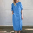 thumbnail image 5 of Vhkiploz Summer Long Tunic Linen Dress for Women's Solid Color Button-Up Front Split T-Shirt Dress Short Sleeve Round Neck Beach Straight Dress, 5 of 9