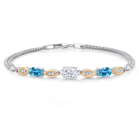 Gem Stone King 925 Silver and 10K Yellow Gold White Moissanite and Swiss Blue Topaz and White Lab Grown Diamond Bracelet for Women (2.06 Cttw, Gemstone, Oval, Wheat Chain, 7.5 inches)