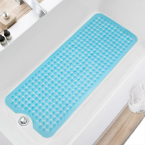 Bath Tub and Shower Mats, Non-Slip 40 x 16 Inch Extra Long Bath Mat, Machine Washable Bathtub Mat with Drain Holes, Suction Cups for Bathroom, Clear Blue