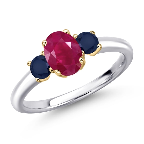 Gem Stone King 10K Two Tone Gold Red Ruby and Blue Sapphire Engagement Ring for Women | 1.44 Cttw | Oval 7X5MM | Gemstone July Birthstone | Size 8