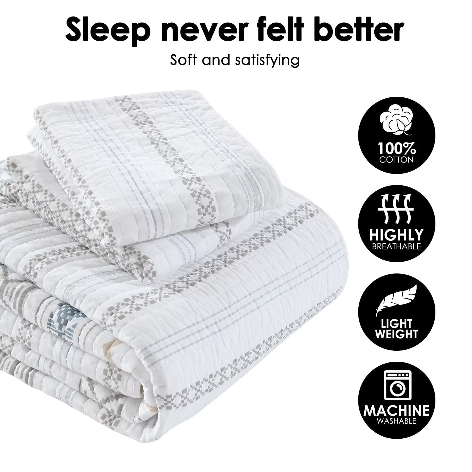 Bedduvit Boho Queen Size Quilt Set - 100% Cotton Beige & Gray & White Geometric Striped Bohemian Queen Quilt Bedspread - Breathable Soft Lightweight Coverlet in Bedding Set for All Season (98"x90")
