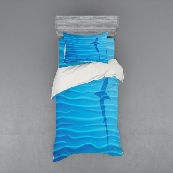 Ambesonne Summer Bedding Set 3 Pcs, Wild Shark in Ocean, Twin XL, Blue