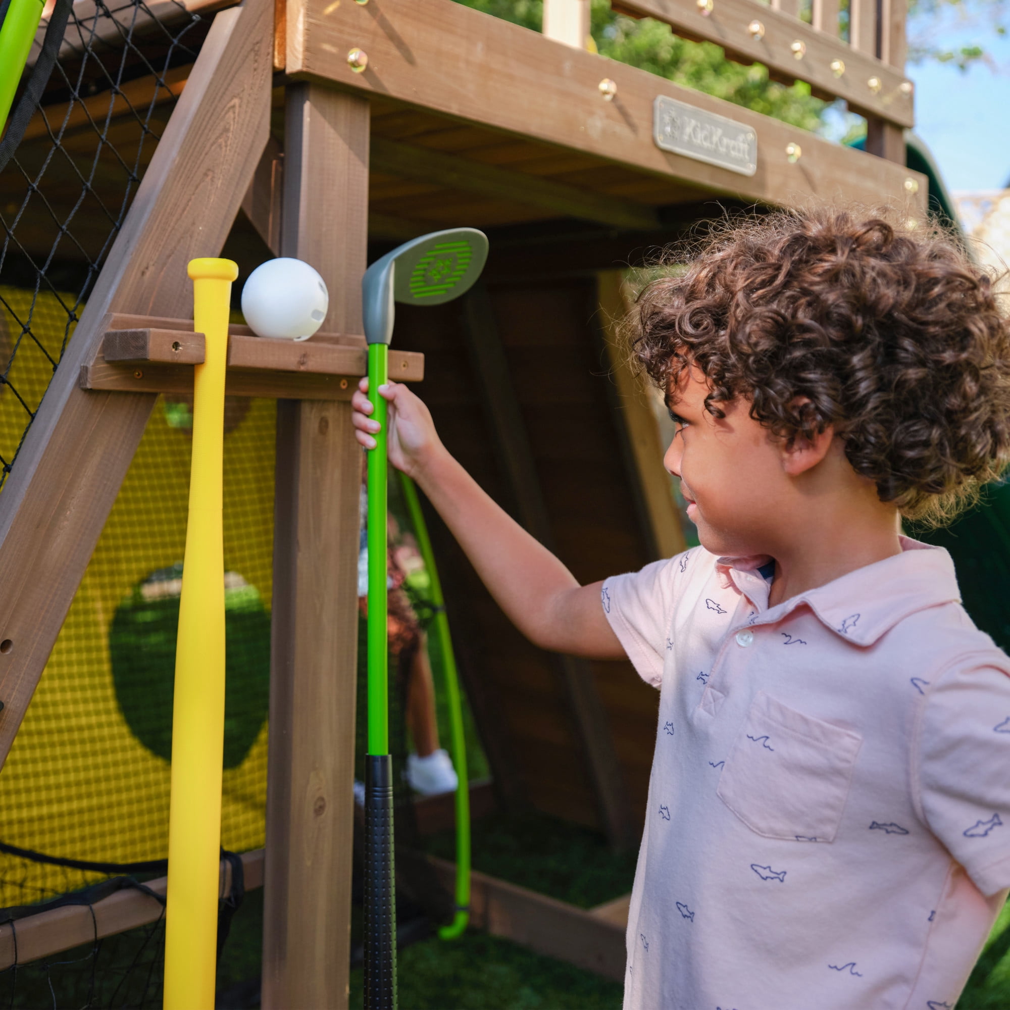 KidKraft All-in-One Sports Adventure Wooden Outdoor Playset with Rock Wall, Basketball Goal and Sports Equipment