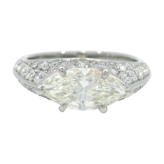 Marquise Cut East West Diamond Engagement Ring, Pave Set Shank Diamond Ring, Solitaire With Accents Ring, Proposal Ring, 14K White Gold Plated, 2.4 Ct Simulated Diamond, Gift Ring For Mom