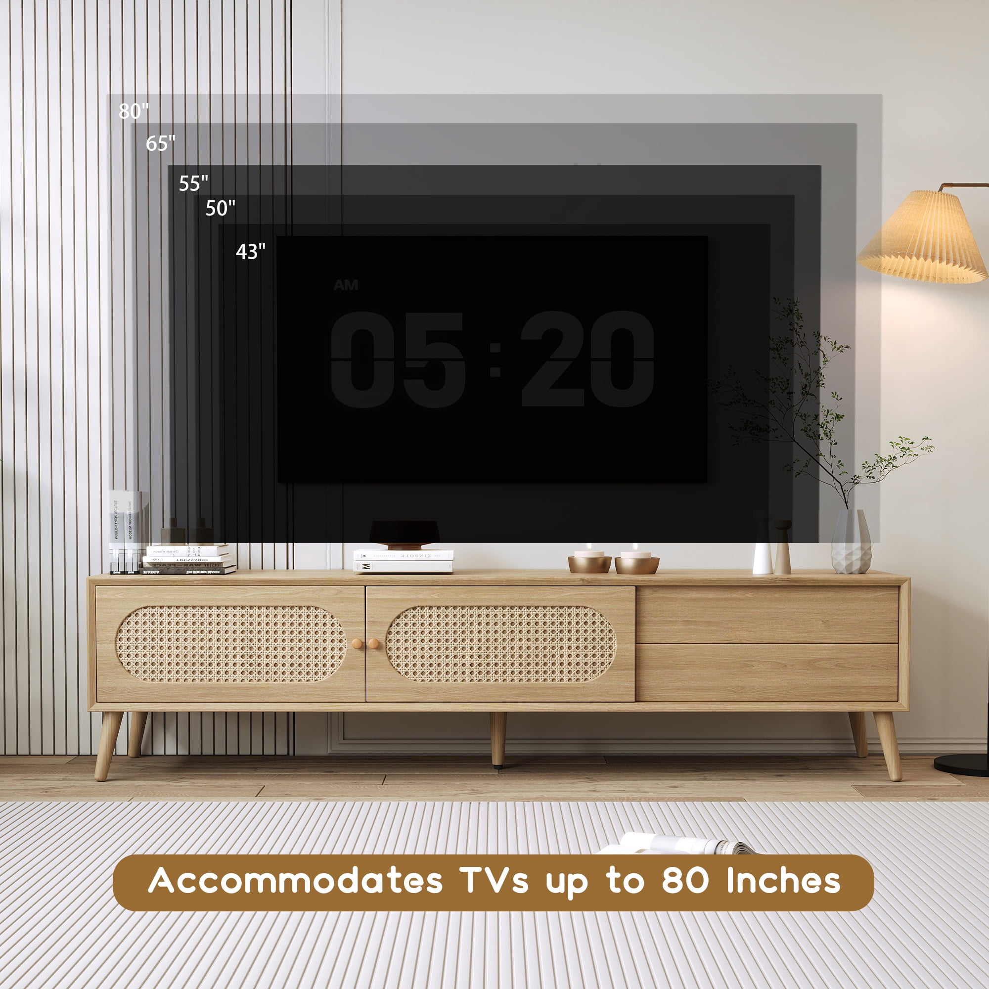 Paproos TV Stand for TVS up to 80", Modern Farmhouse Entertainment Center with Drawers, Storage Shelves, TV Console with Solid Wood Legs, TV Media Cabinet for Living Room, Bedroom, Natural