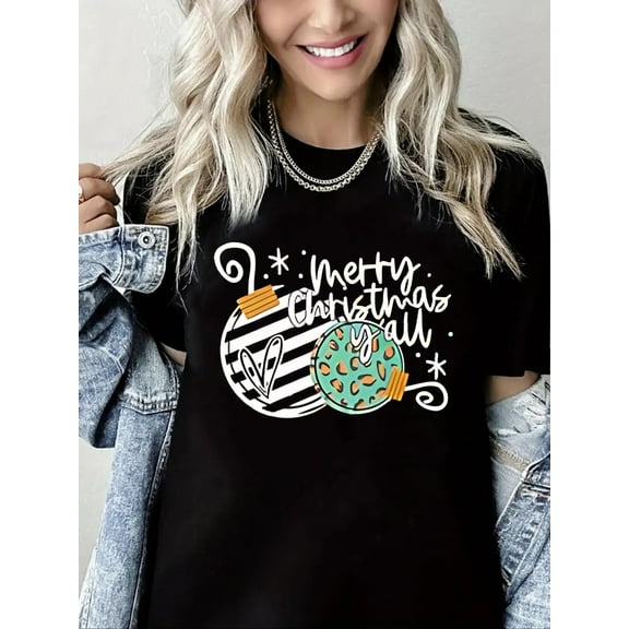 Christmas T-Shirt Merry Christmas Y'all Graphic Casual Short Sleeve Shirt for Women