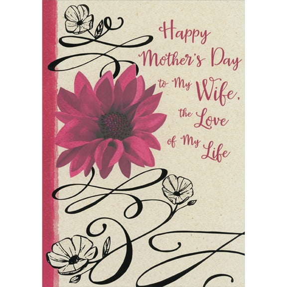 Designer Greetings Red Flower, Black Outlined Flowers and Black Swirls on Beige Mother's Day Card for Wife