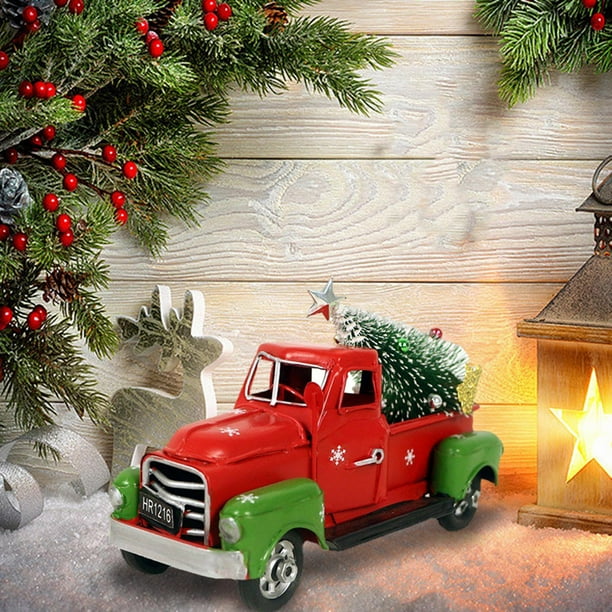 Camión rojo navideño, decoraciones navideñas, escultura de estilo vintage, modelo de coche de metal, adornos navideños para centro de mesa de invierno S Hugo Camioneta Roja