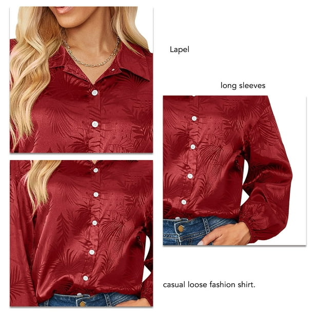 Camisa sedosa de manga larga con cuello abotonado para mujer blusas tipo tunica holgadas informales para trabajo de oficina blusas rojas XL Walmart en linea