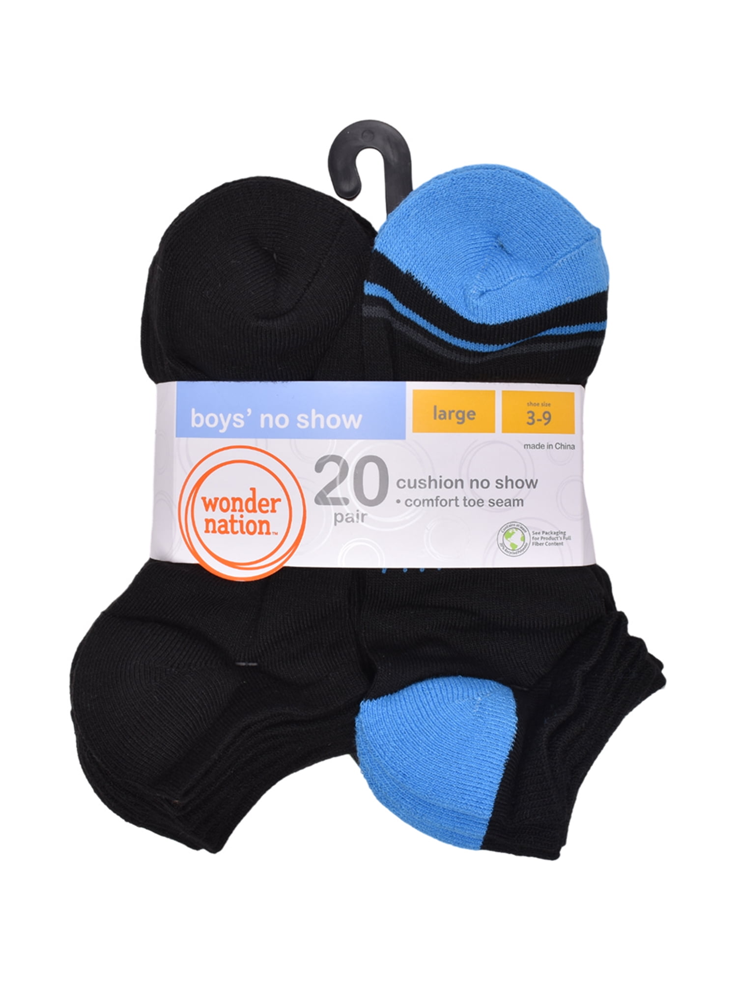 Wonder Nation Boys No Show Socks, 20-Pack, Sizes S (6-10.5) - L (4-10)