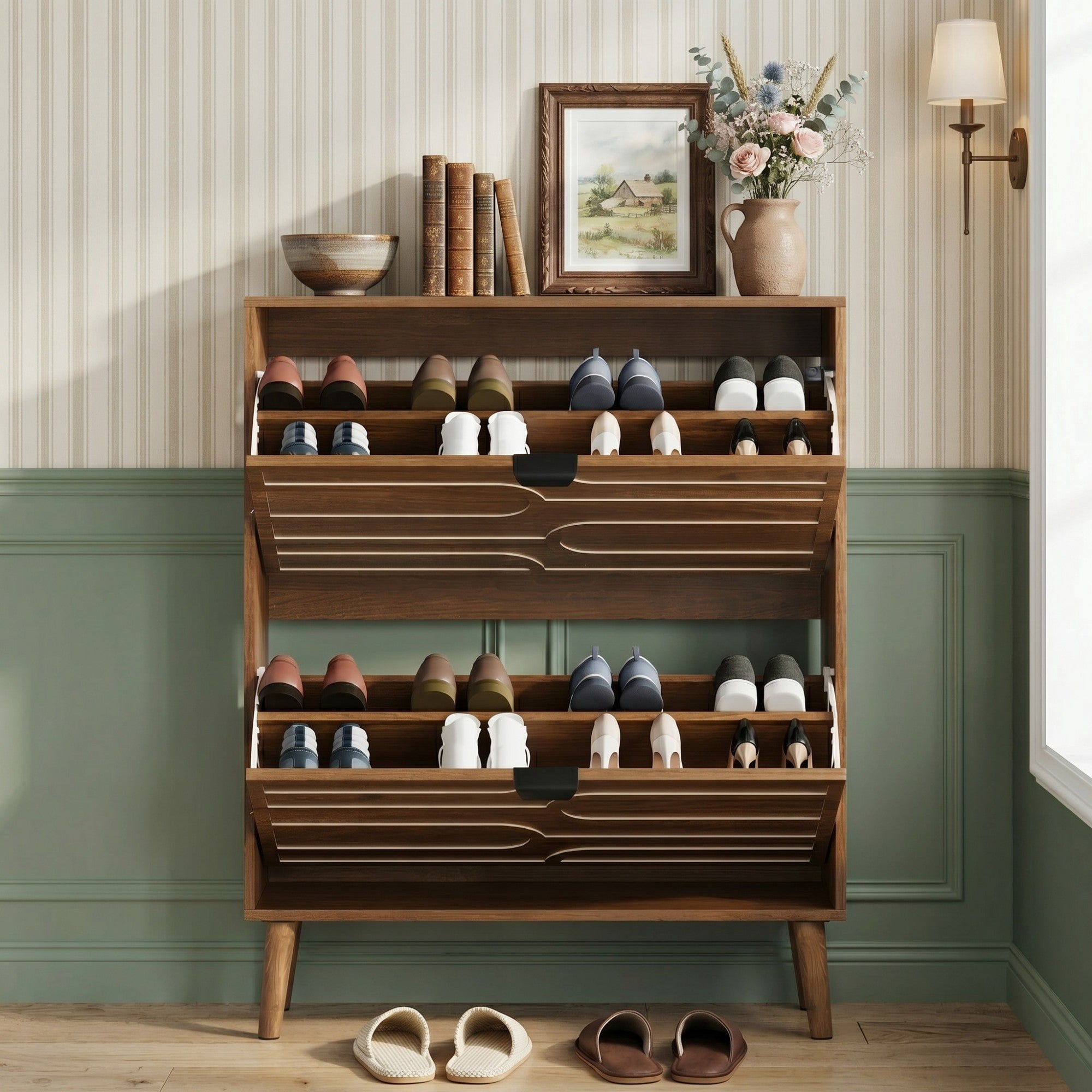 Sailvan 31.5" Mid-Century Modern Independent Shoe Cabinet, Fence Style with 2 Flip Drawers