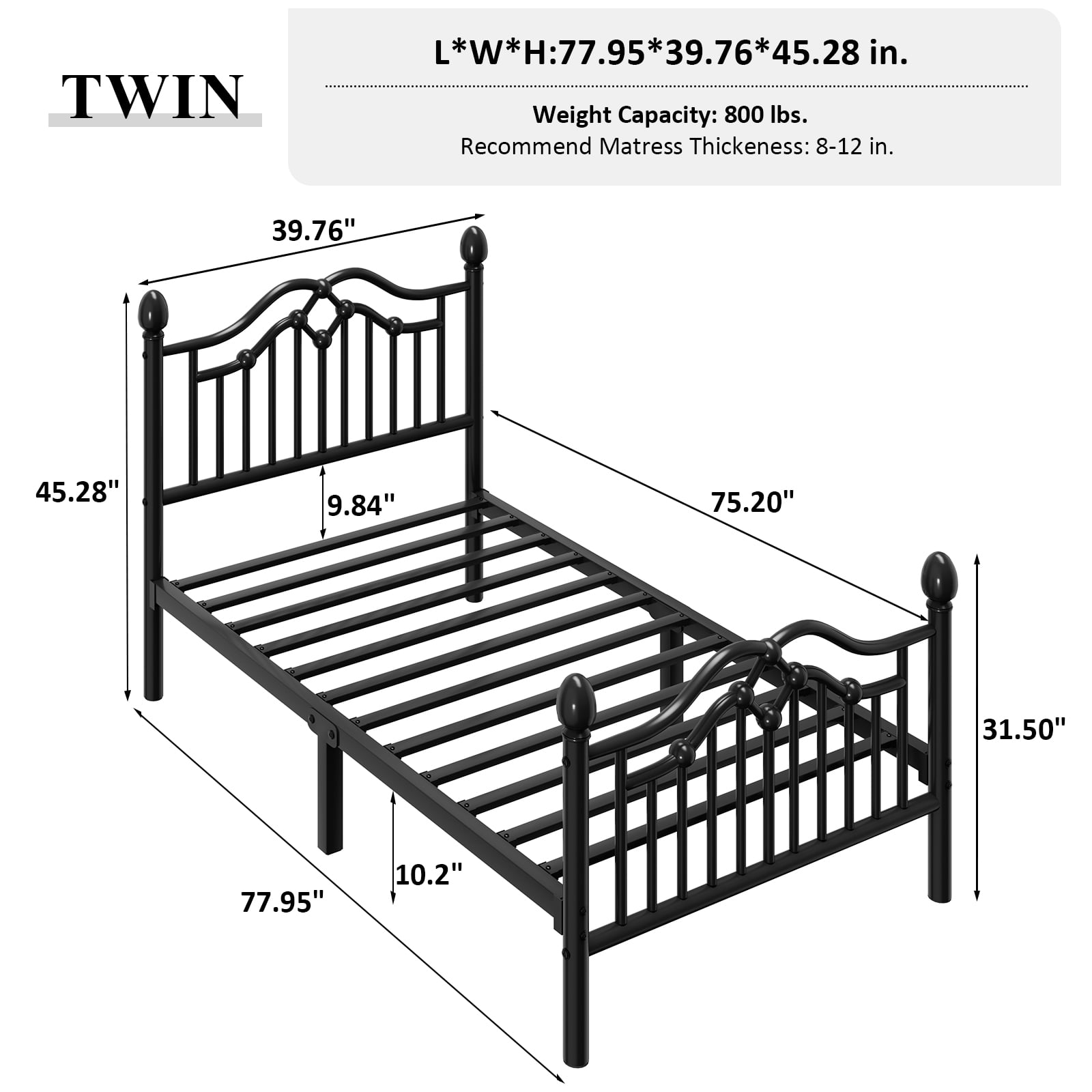 E-Ser Twin Size Metal Platform Bed Frame,Modern Headboard And Footboard,Adequate Under Bed Storage,No Box Spring Needed,Black