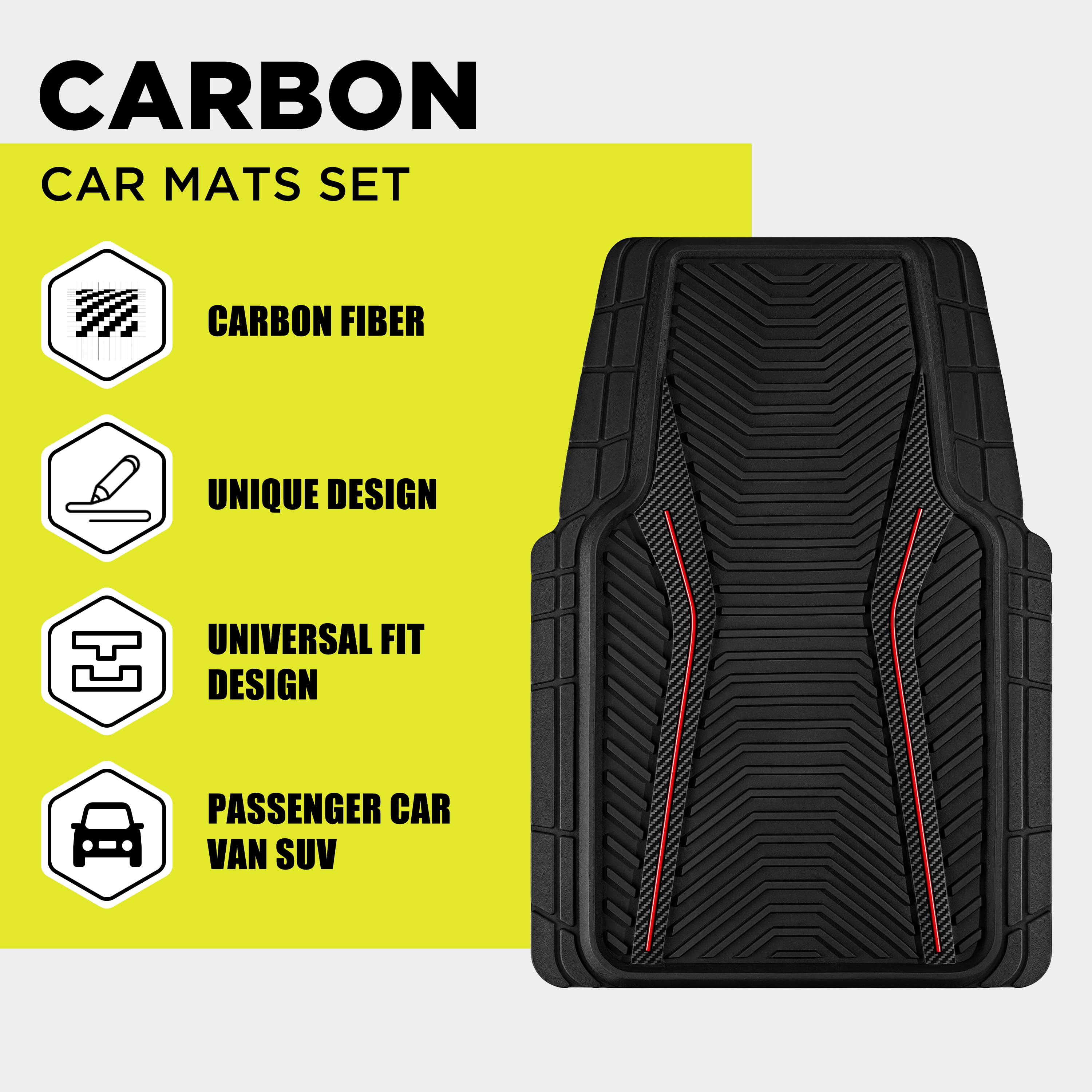 Auto Drive 4Piece Rubber Car Floor Mats Carbon Fiber Black - Universal Fit, 24WM17