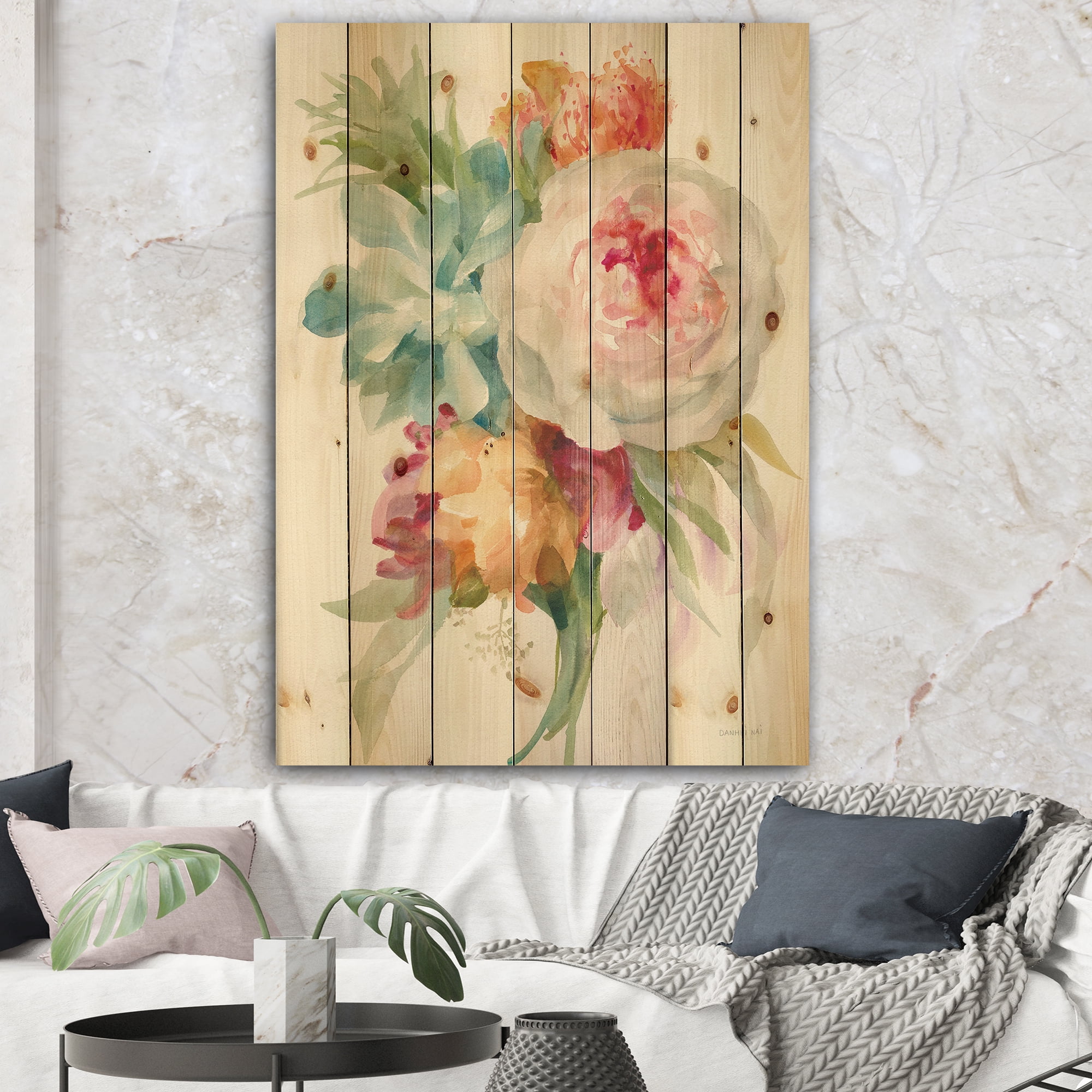 Designart 'Multicolor French Bouquet II' Farmhouse Print on Natural Pine Wood