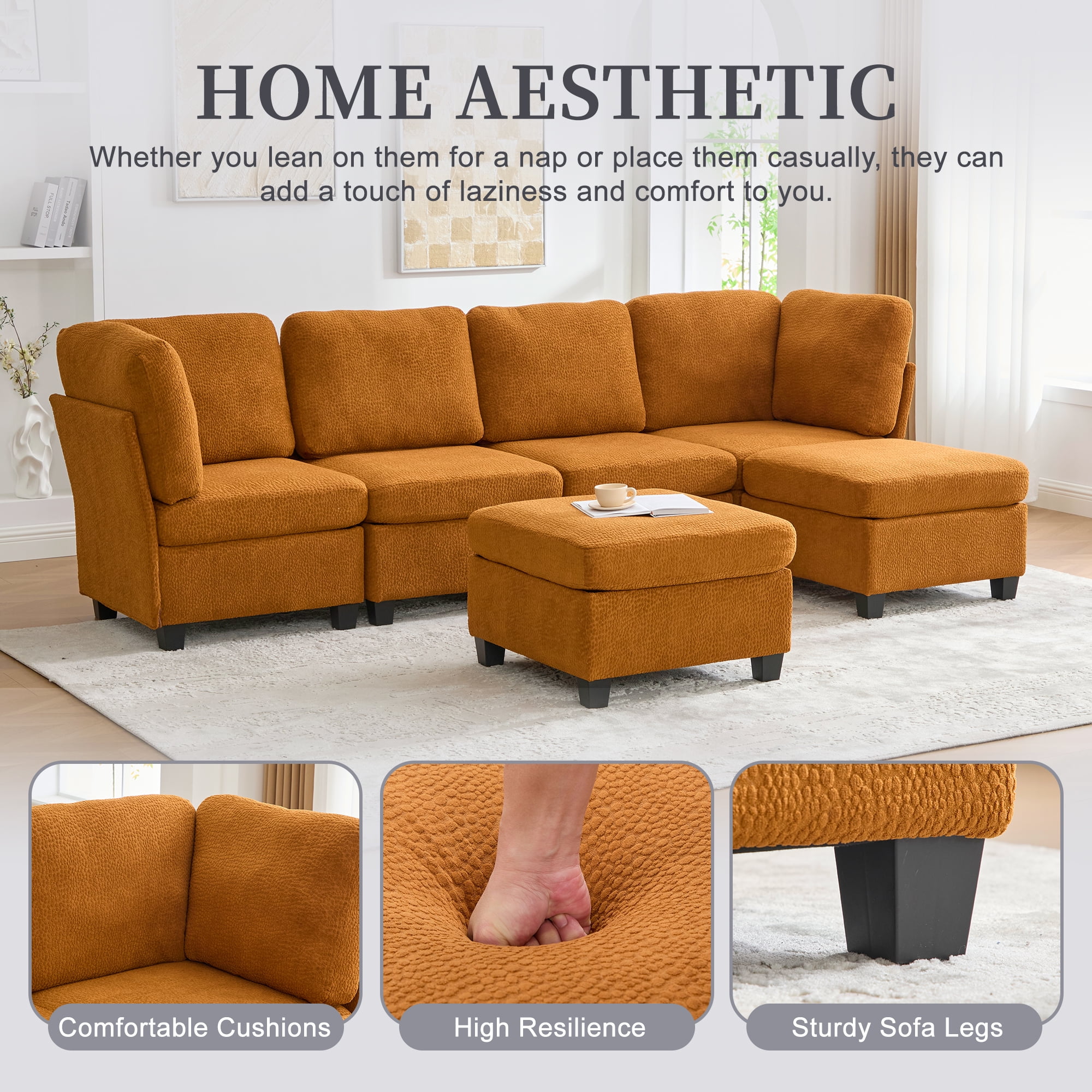 MOONMISS 6-Seat Polyester Upholstered U-Shaped Modular Storage Sleeper Sectional Sofa with Storage Ottoman-Orange