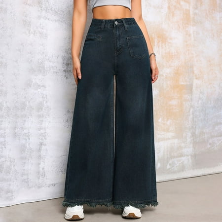 SNKSDGM Women s Plus Womens Summer Pants Lightweight Casual Plus Size Panties for Women Black Women s Street Vintage Wide Leg Ruffled Wash Denim Pants