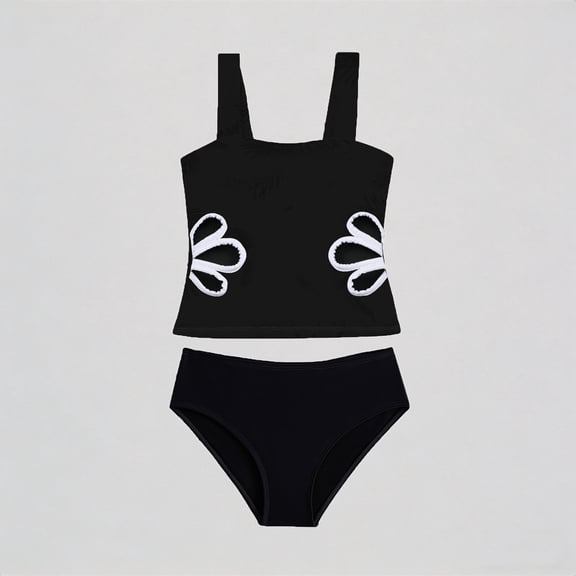 REDARER Girls' 2-Piece Tankini Set – Cut-Out Design, Square Neck Top & High-Waist Bottom, Adjustable Straps, Stylish Summer Beach Pool Swimsuit,11-12 Years