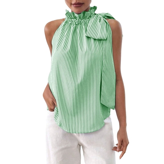 Levmjia Womens Sleeveless Tank Tops Lightweight Ruffled Halter Neck Striped Drawstring Loose Fit Casual Blouses Breathable Summer Shirts Daily Shopping Beach Holiday