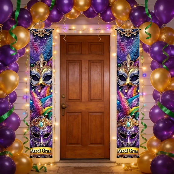 Carnival Door Decorations,Atmospheres Hanging Flags,Luxurious Mardi Gras Mask Vertical Banner for Circus Party Decoration