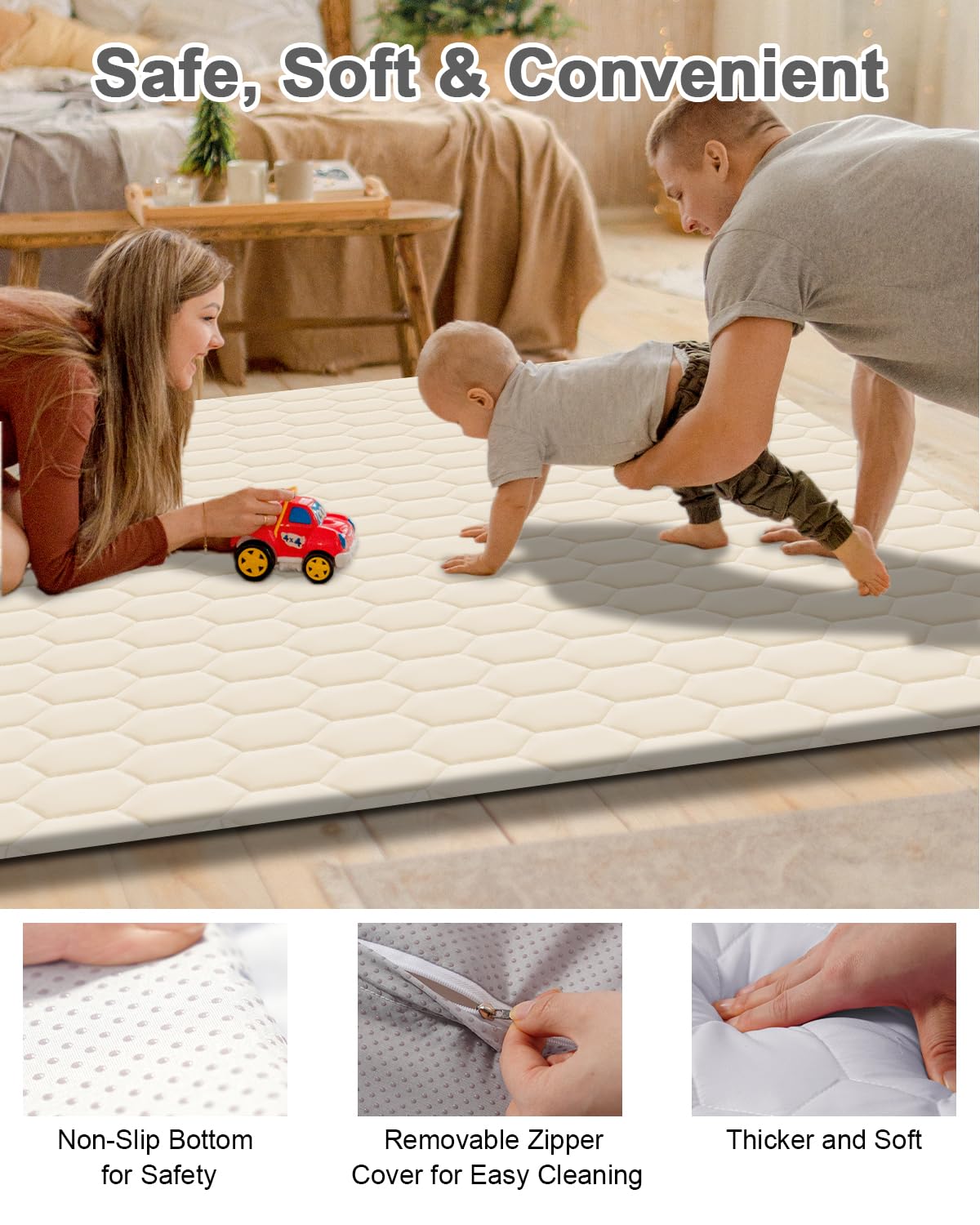Premium Foam Baby Play Mat 71" x 59" with Removable Cover, Extra Thick Padding Playpen Mat, Non-Slip Floor Mat, Stylish & Easy to Clean for Crawling Baby, Infants & Toddlers, Beige