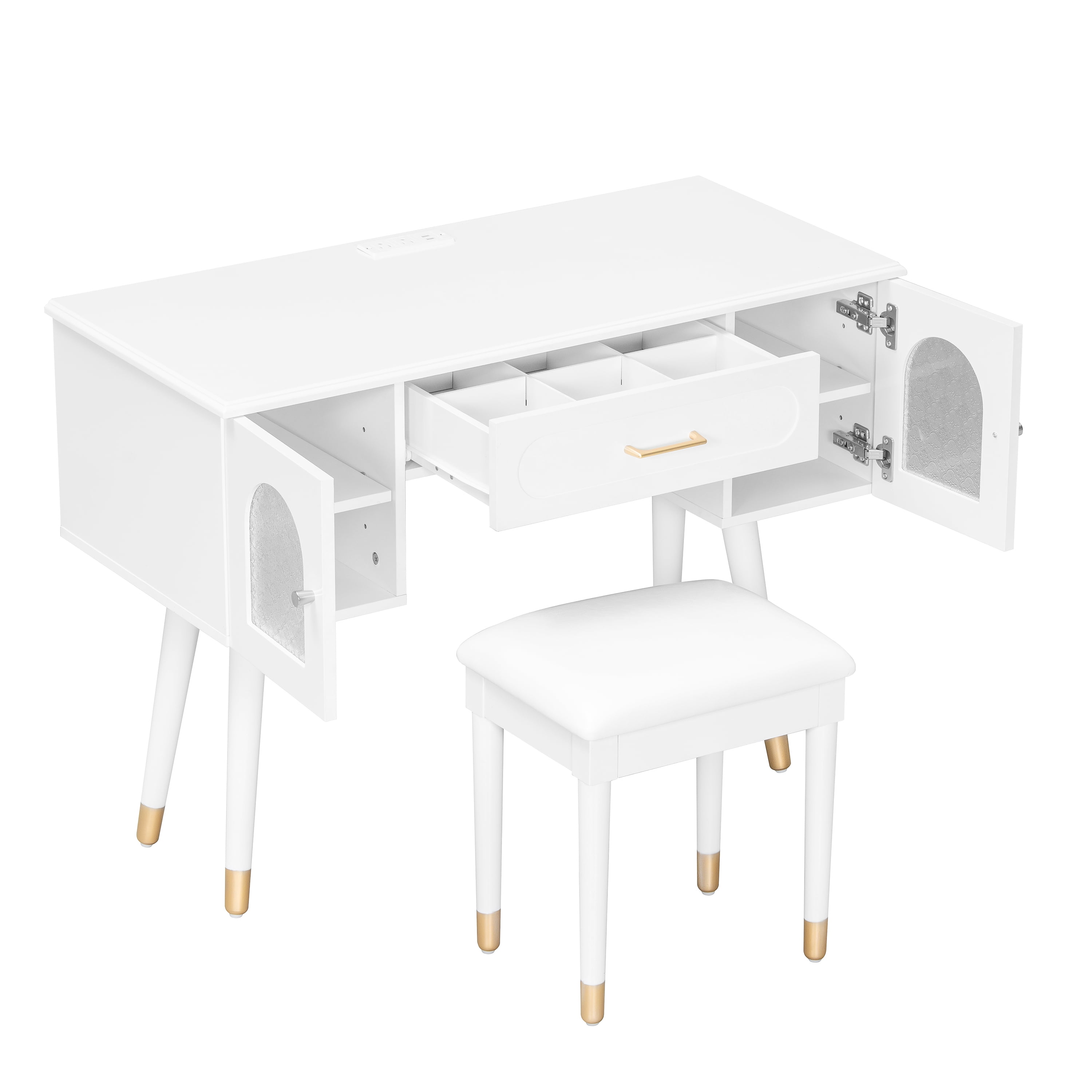 Yoneston Vanity Set with Charging Station 2 Outlets & USB Ports, 4 Drawers, Arched Glass Doors & Upholstered Stool, White