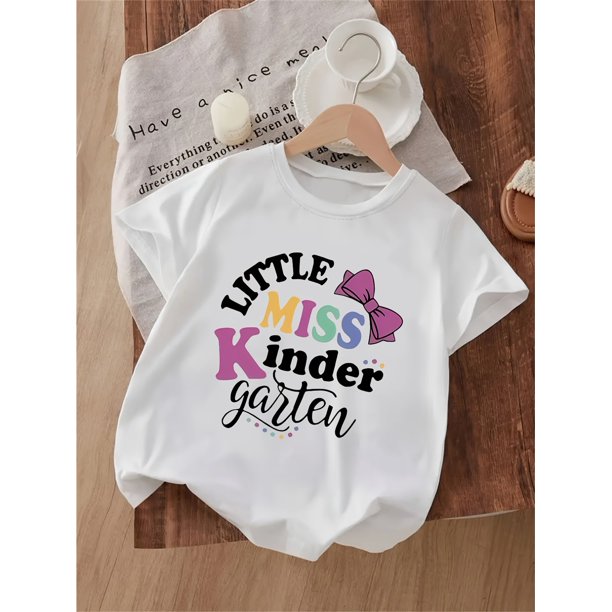 Little Miss Kindergarten Cotton T-Shirt for Girls - Round Neck, Casual & Comfortable, Perfect for outdoor activities & Gifts, Casual Wear Tee | Playful Print Top | Comfortable Fit, Little Gir
