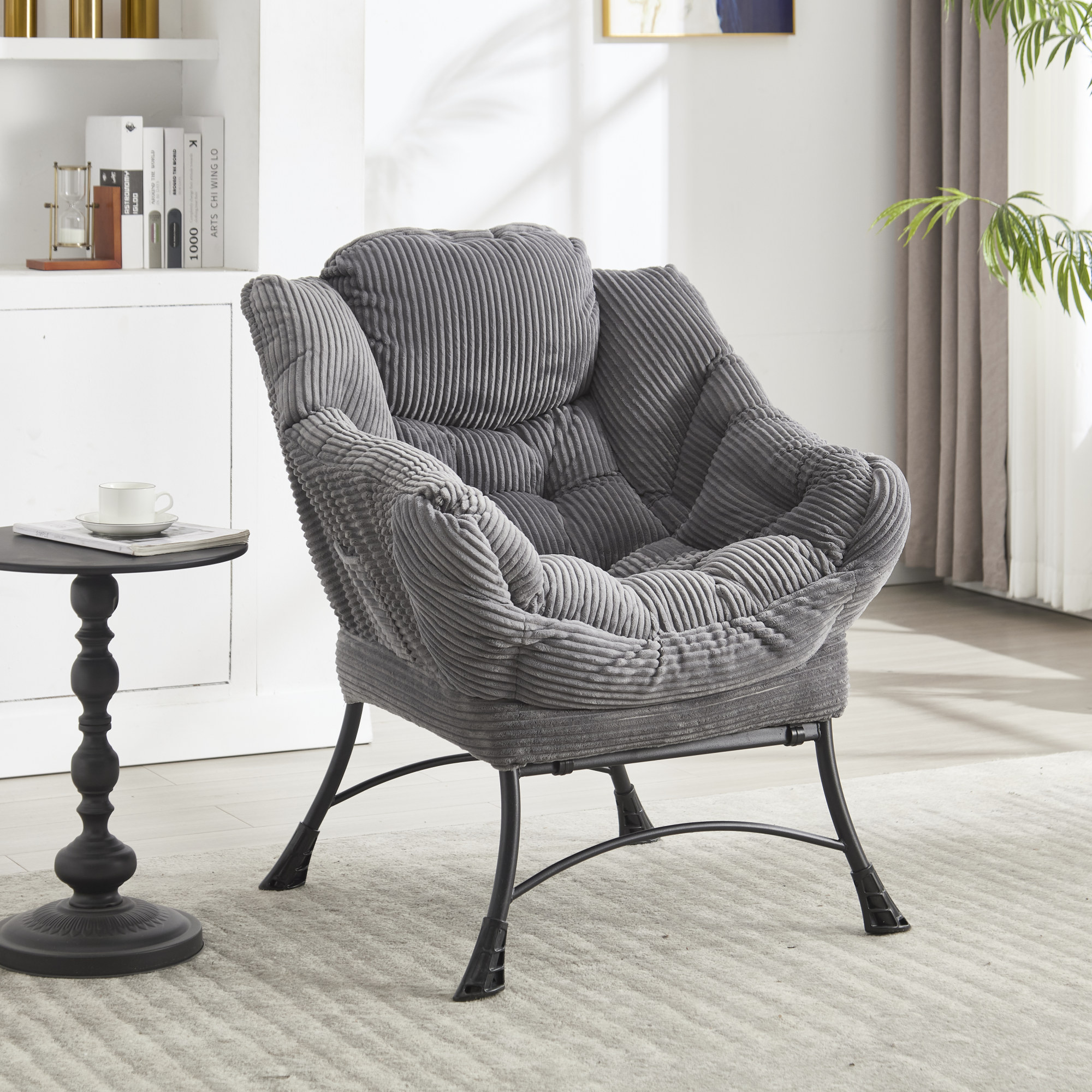 Leumius Lazy Chair with Ottoman, Modern Lounge Accent Chair with Armrests and a Side Pocket, Leisure Upholstered Reading Chair for Living Room Bedroom Office and Reading Room Grey