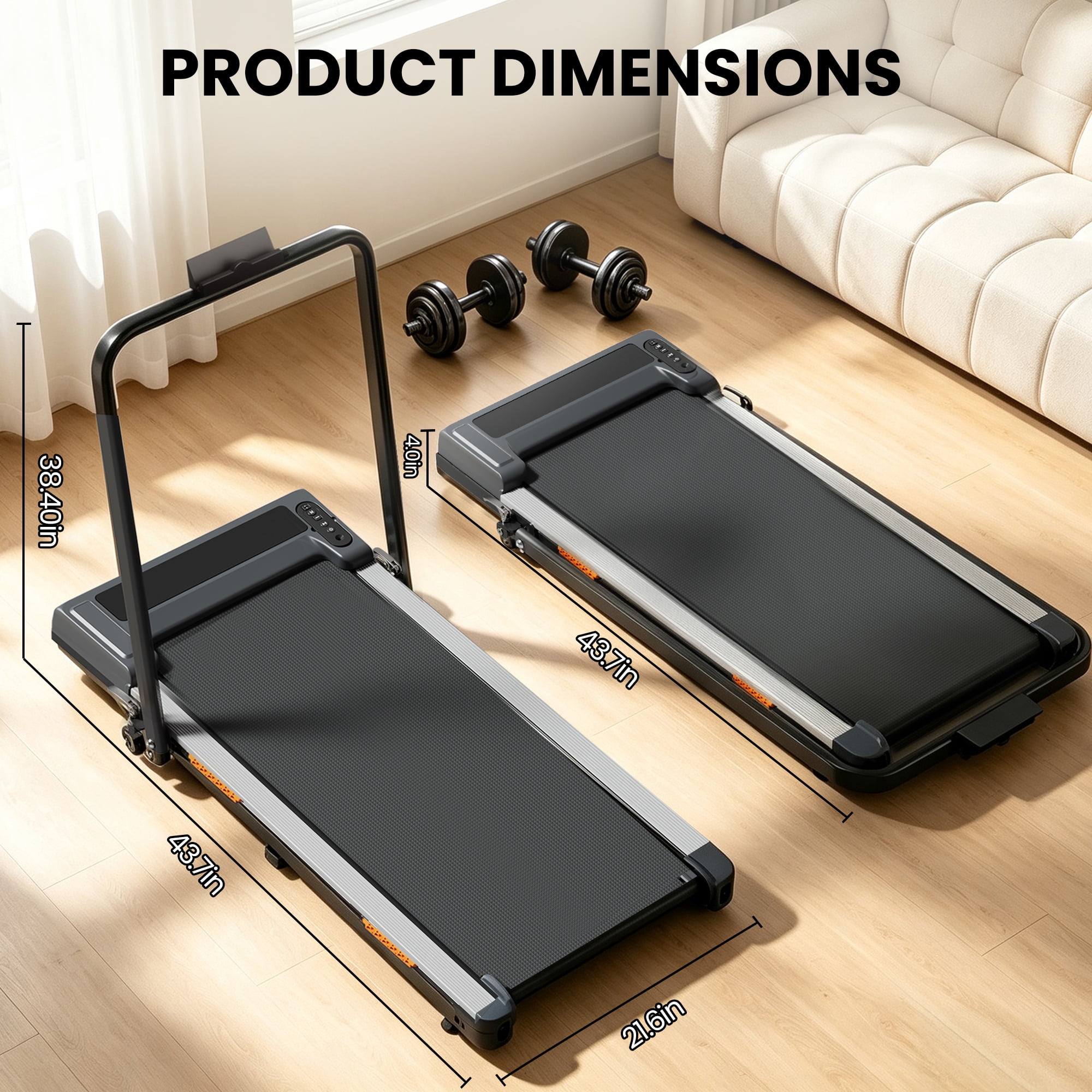 Walking Pad Treadmill with Handle Bar & Adjustable Incline, Foldable Portable Treadmills for Home Office, Quiet Under Desk Treadmill, 265 LBS Capacity, Black