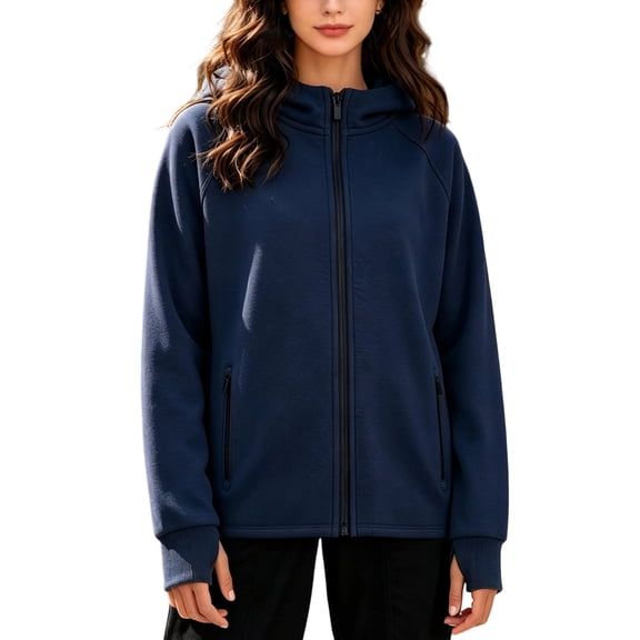VSSSJ Women's Full Zip Hoodie Jacket Raglan Sleeve Thumb Hole Casual Fall Winter Long Sleeve Hooded Sweatshirt with Zipper Pockets Navy XXXL