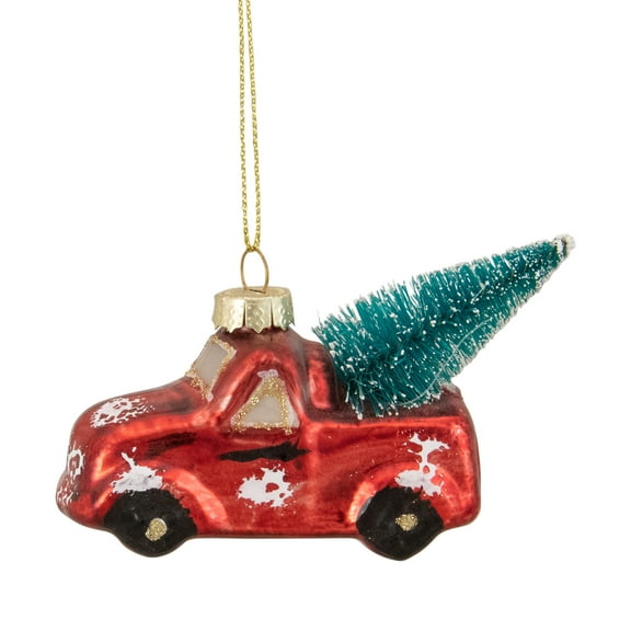 Northlight Metallic Truck with a Sisal Tree Glass Christmas Ornament - 3.75" - Red and White
