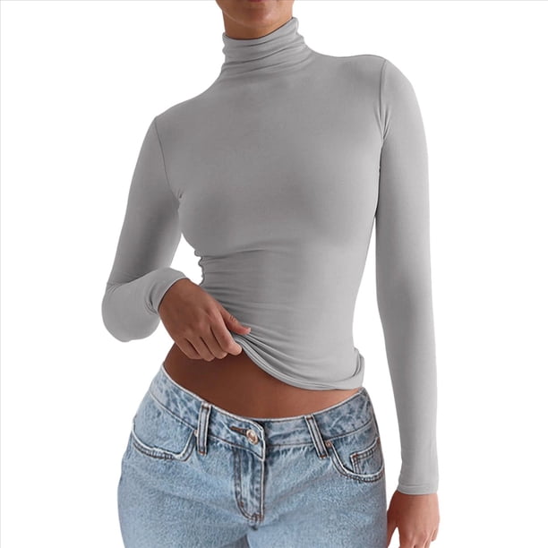 Camisetas Básicas para Mujer, Tops Cortos Ajustados para Salir, Lindas Camisetas de Cuello Alto para Adolescentes, Ropa de Larga Y2K Gris L