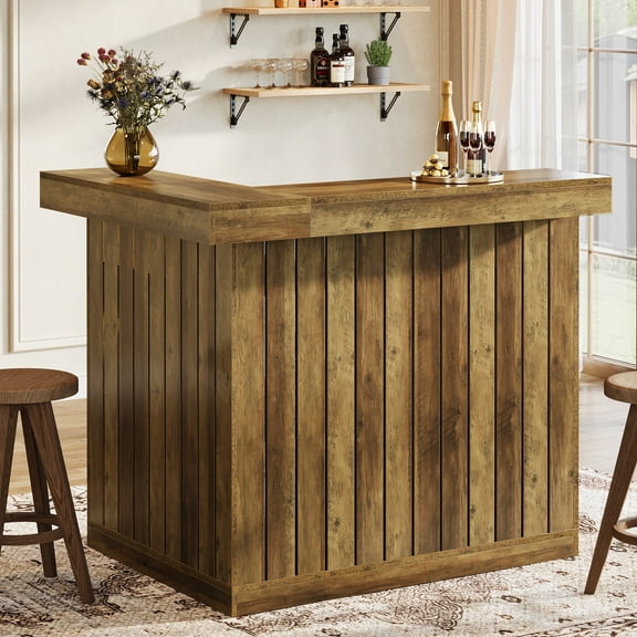 Tribesigns L-Shaped Home Bar Unit with Storage Shelves and Wine Glasses Holder for Home Pub, Brown