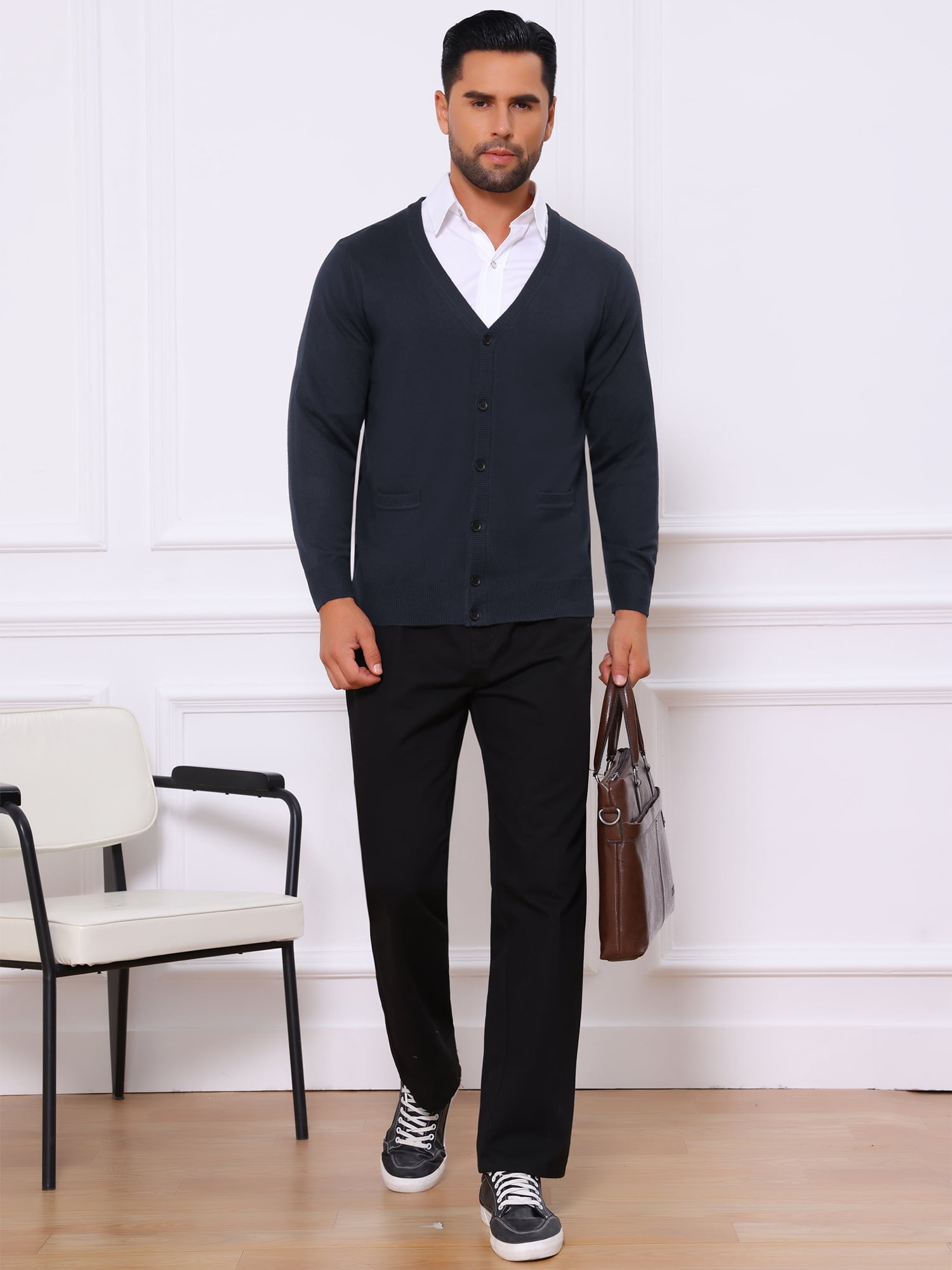DARING DIVA Men's V Neck Long Sleeved Button Down Knit Sweater with Pockets M Navy Blue