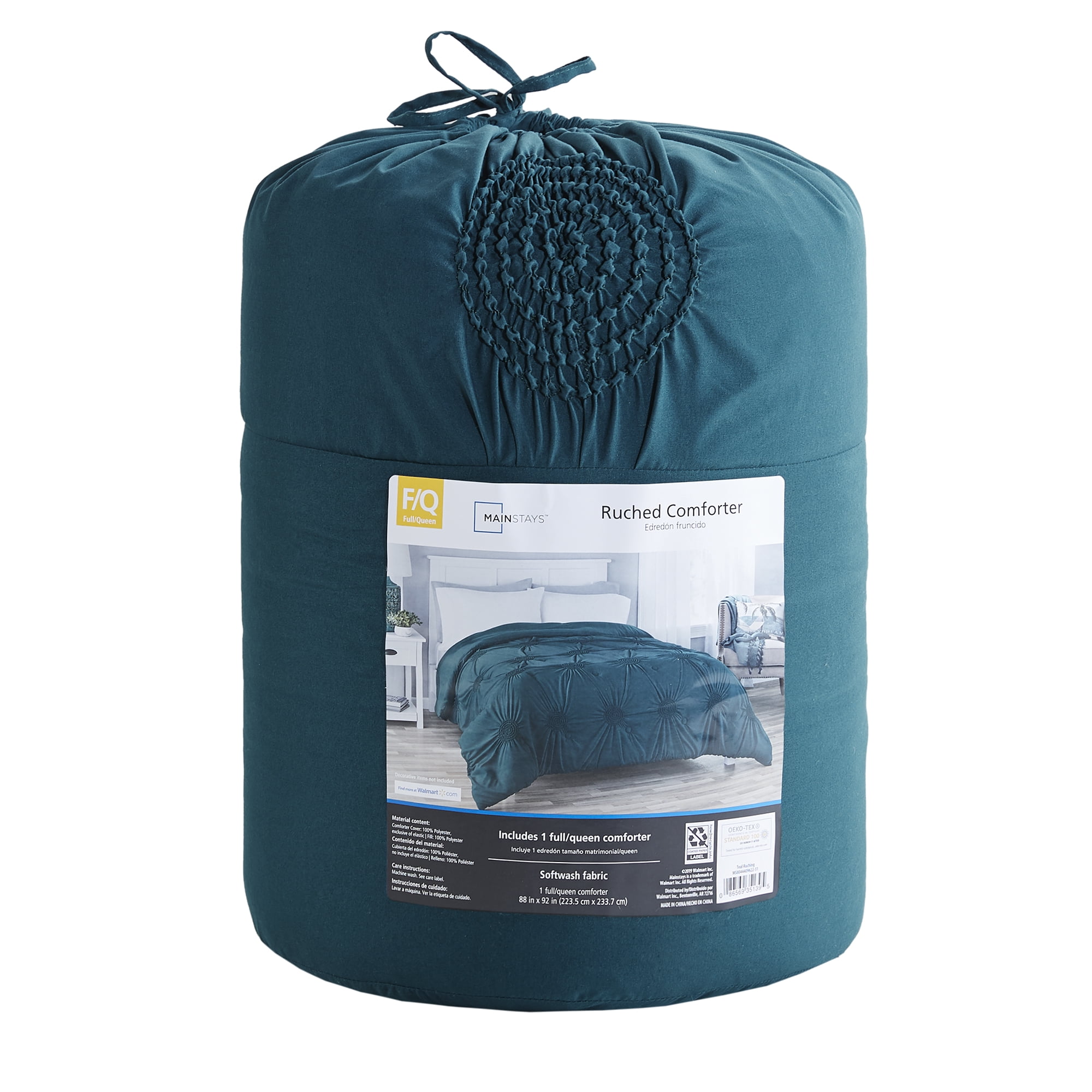Mainstays Solid Microfiber Ruched Comforter in a Bag, King, Teal