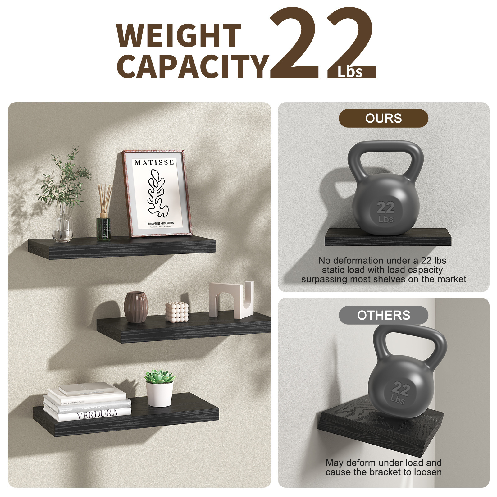 Ophanie 16 Inch Wood Floating Shelves, Black, Set of 3 photo 5