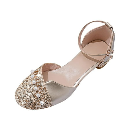 

Big Girls Sandals Big Kids Closed Toe Pearl Decorated Hook & Loop Glittering Princess Party Wedding Prom Shoes for Girls Size 11.5-12T