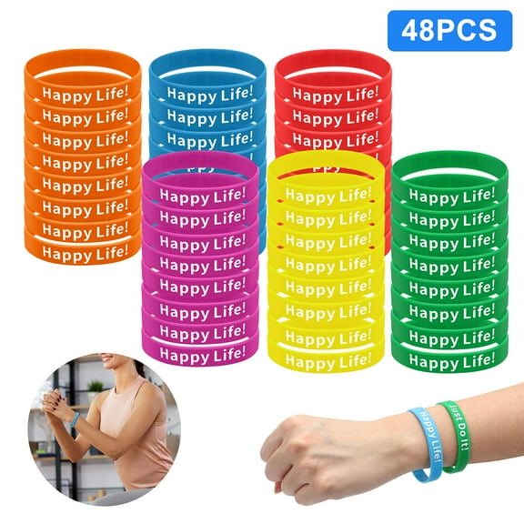 EEEkit 48pcs Colorful Silicone Bracelets with Happy Life Print, Rubber Stretch Wristbands for Birthday Party Favors