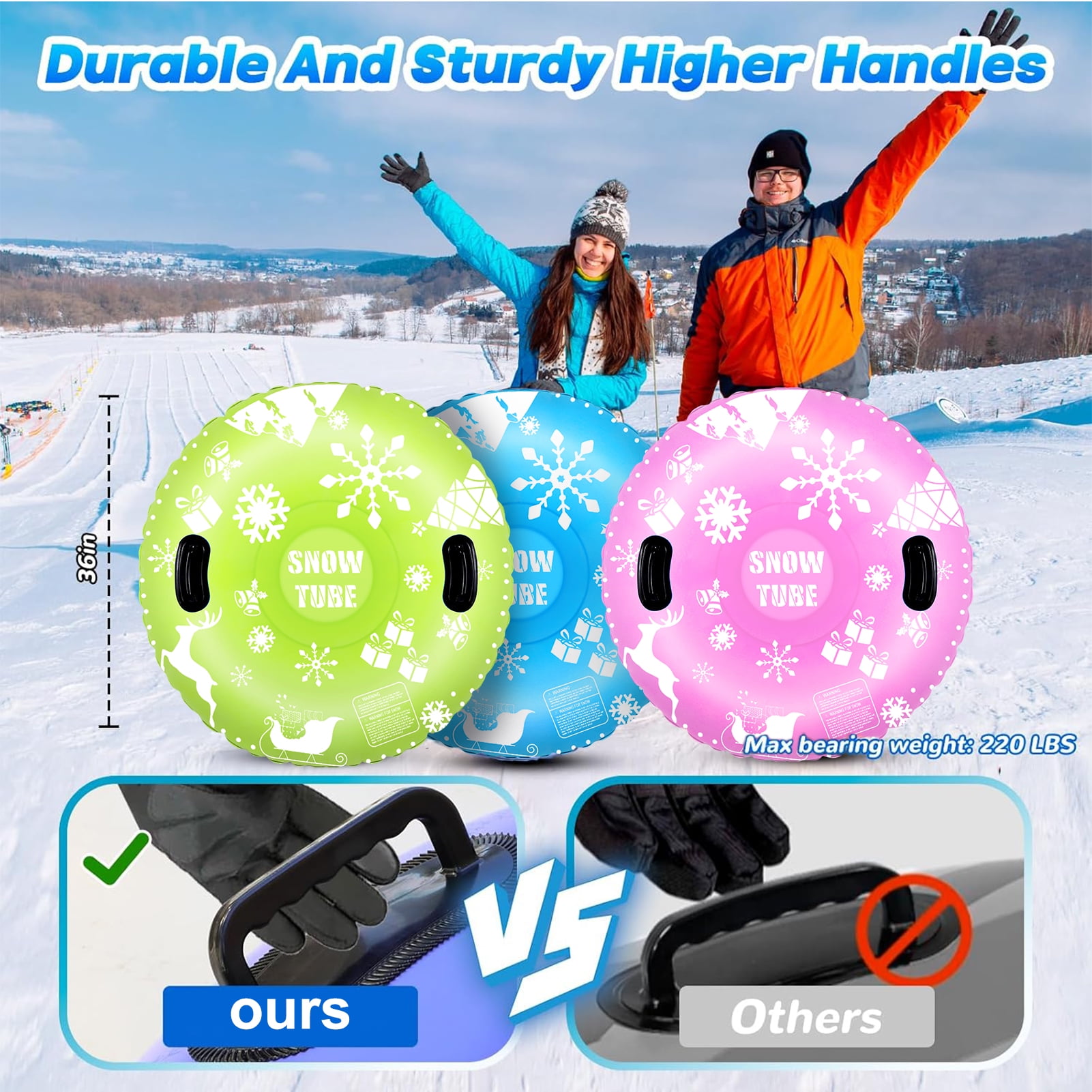 GMZW Snow Tube, 2 Packs for The Whole Family Inflatable Snow Sled for Kids and Adult, Thickened Heavy Duty Hard Bottom Sleds for Snow with Handles, Winter Toys for Outdoor Sledding Snow Tube Sports